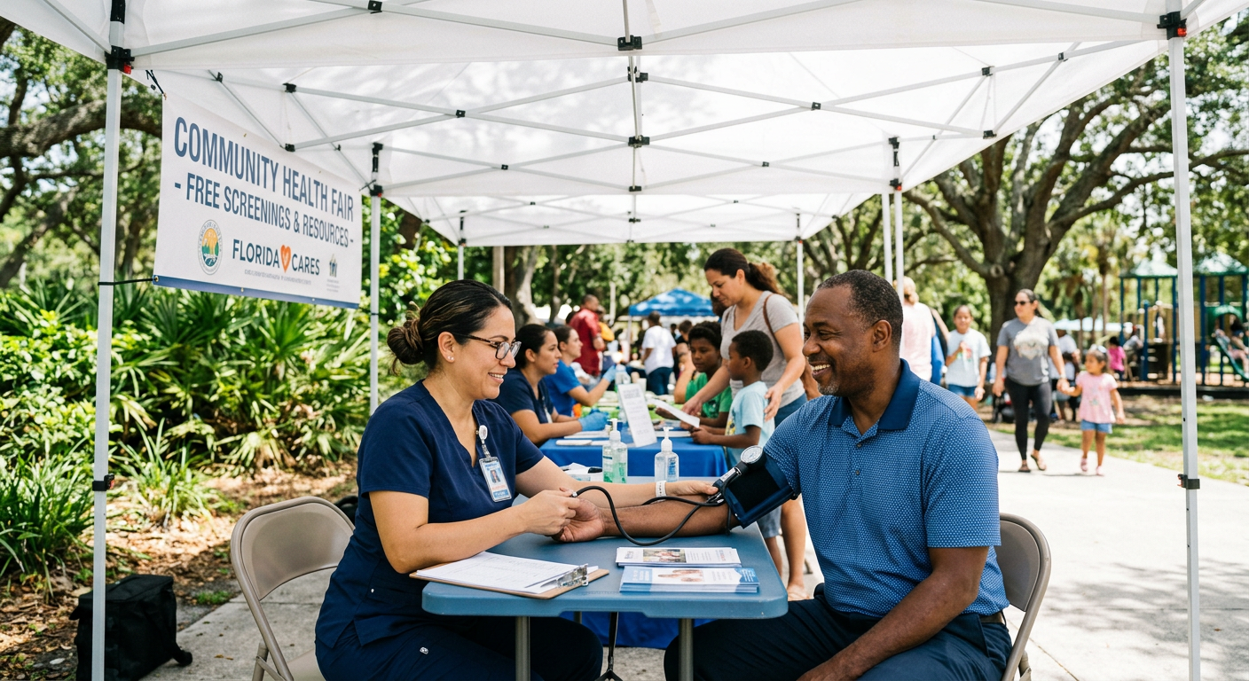 A volunteer nurse checking a man's blood pressure at a community screening event